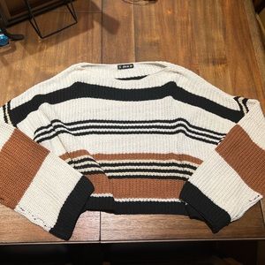 SHEIN Cream Black and Brown Striped Knit Crewneck Sweater